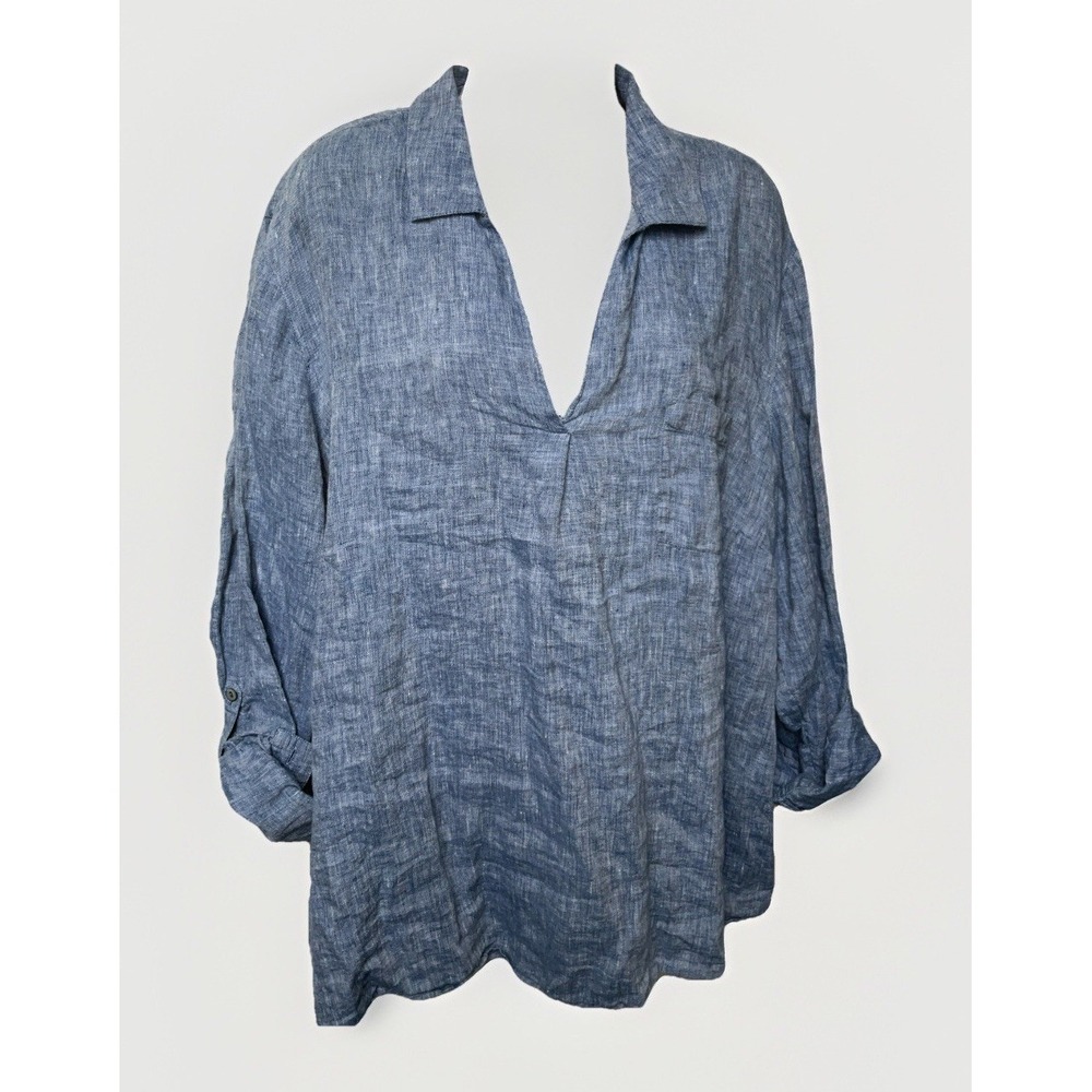 J Jill Love Linen Tunic 3X Blue V Neck Collared Roll Tab Long Sleeve Shirt Relax